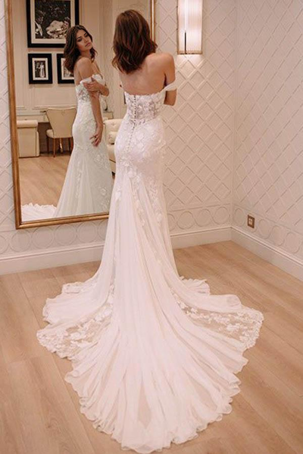 Wholesa Mermaid Off Shoulder Appliques Court Train Chiffon Wedding Dress with Lace