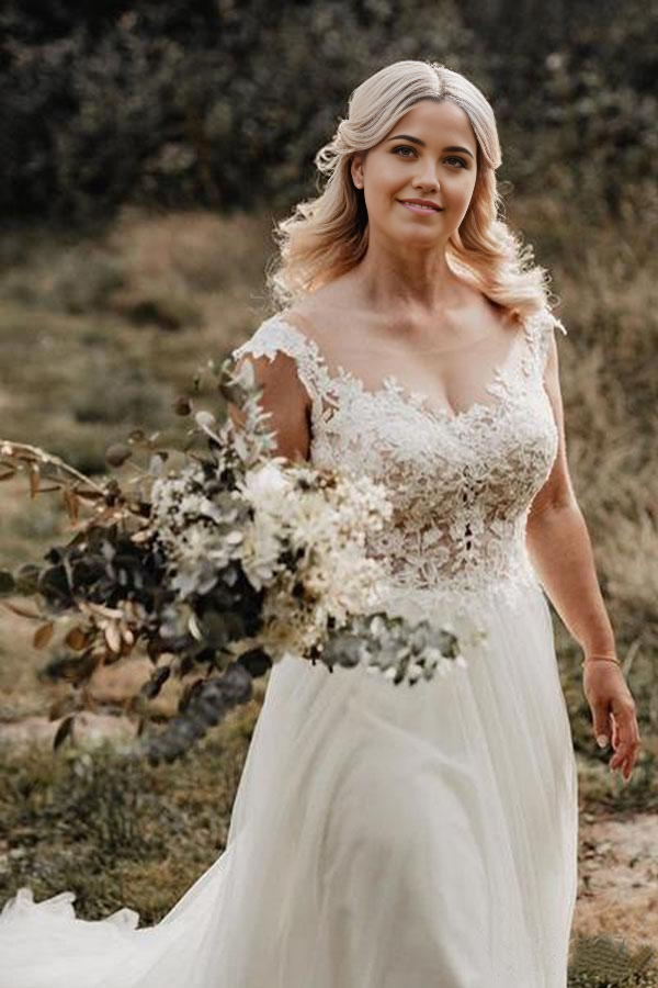 Wholesa A-Line Neck Back Lace Appliqued Wedding Gown Wedding Dresses with Illusion