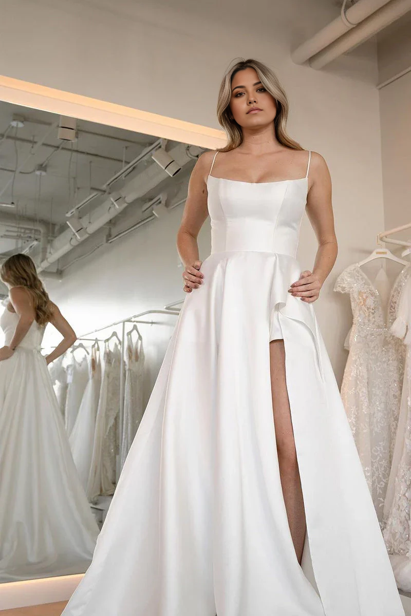 Wholesa A-Line Simple Scoop Neck Satin Wedding Dresses with Slit