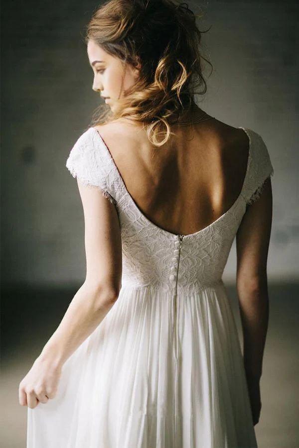 Wholesa A-Line Lace Cap Sleeve Vintage Chiffon Ivory Wedding Dresses