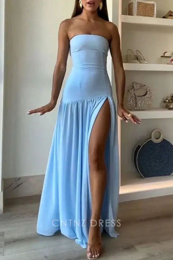 Wholesa Sheath Strapless Elegant Blue Pleated Slit formal dresses Bridesmaid Dresses evening gown Prom Dress