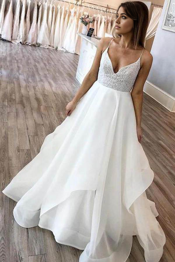 Wholesa A-line V-neck Organza Spaghetti Strap Charming Wedding Dresses