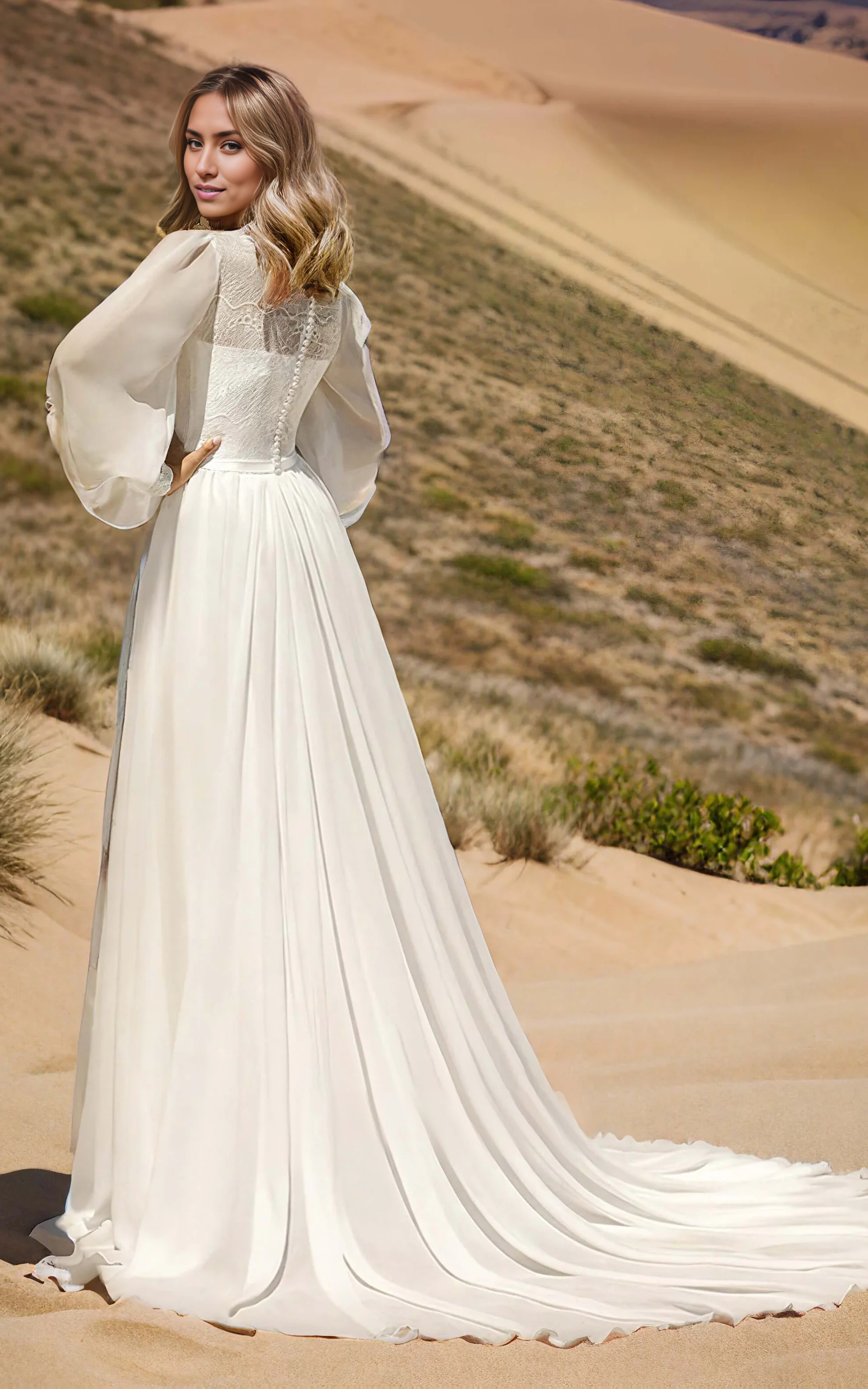 Wholesa A-Line Long Sleeve Casual Rustic Bateau Neck Wedding Dress Gowns with Train