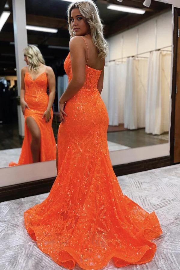 Wholesa Mermaid V Neck Glitter Slit Split Orange Prom Dresses Evening Dress
