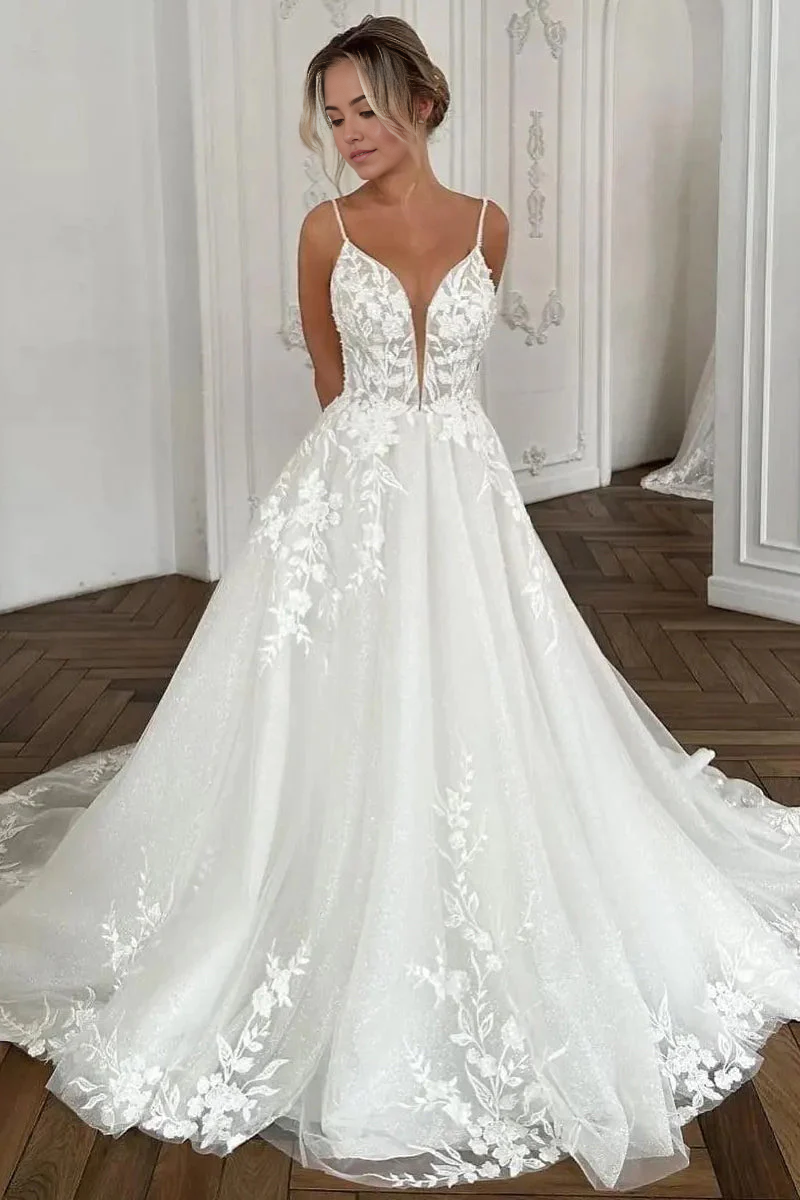 Wholesa A Line V Neck Appliques Tulle Long Wedding Dresses