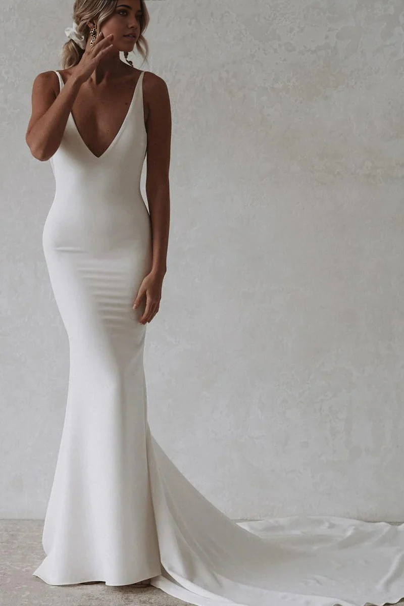 Wholesa Mermaid V-Neck Satin Long Wedding Dresses