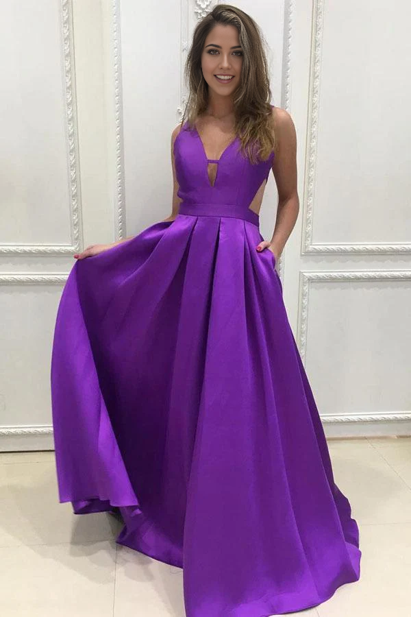Wholesa A-line V-neck Simple Satin Long Prom Dresses Bridesmaid Dress