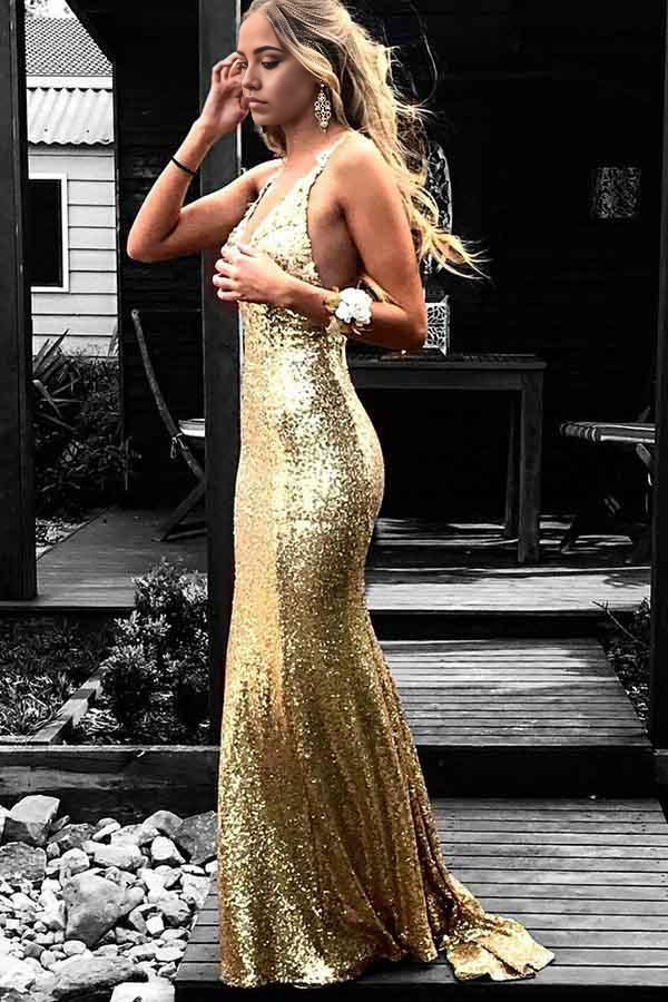 Wholesa Mermaid V-Neck Backless Sequined Gold Prom Dress with Appliques