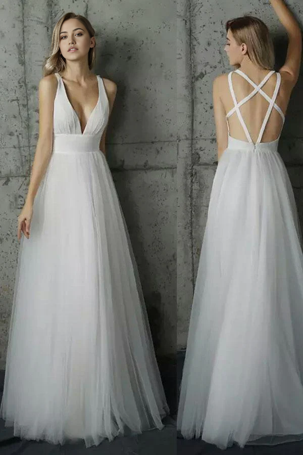 Wholesa A-line Simply V Neck White Tulle Long evening gown Prom Dress Wedding Dresses