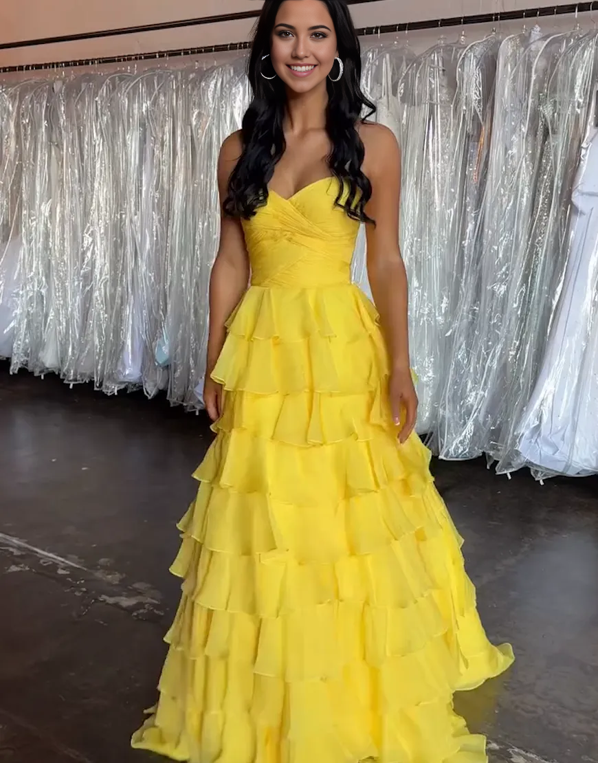 Wholesa A-Line Strapless Ruffles Ruched Yellow formal dresses evening gown Long Prom Dress