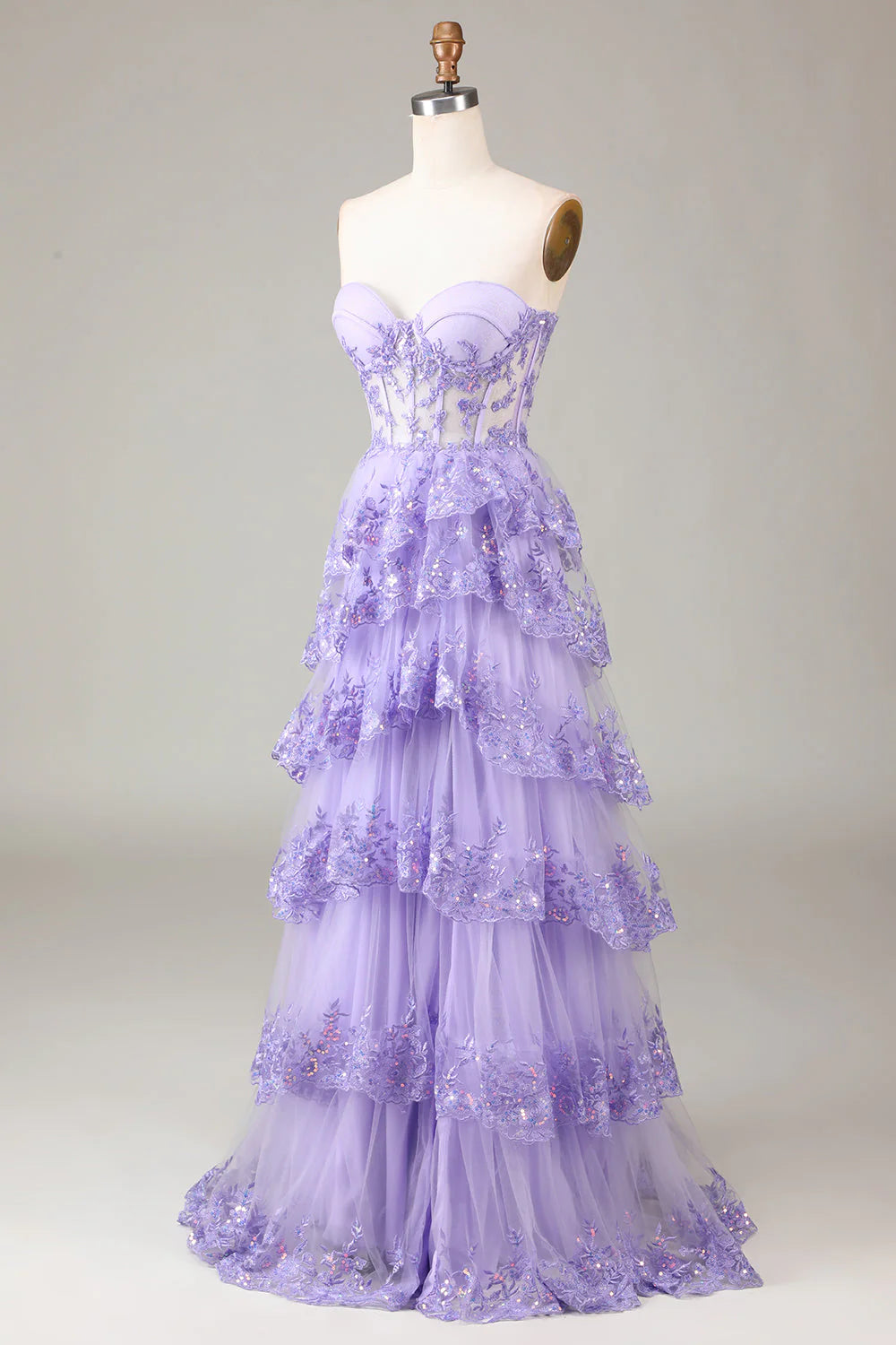 Wholesa Strapless Tiered Tulle Corset Prom Dress with Appliques