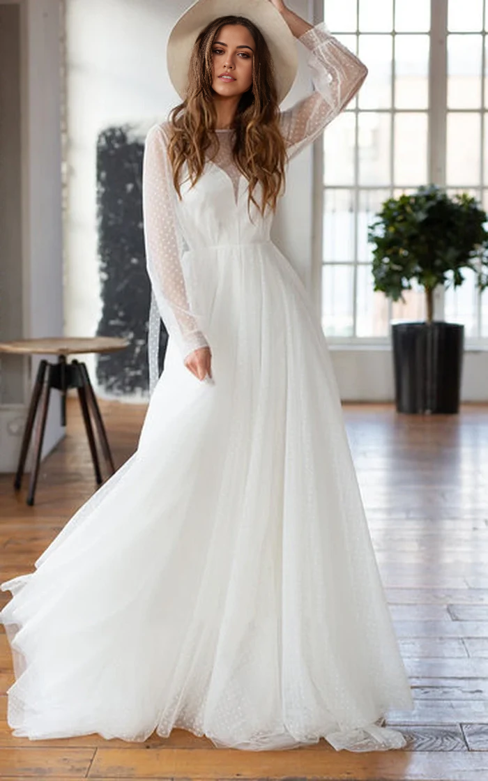Wholesa A Line Chiffon Bateau Long Sleeve Wedding Dress with Beading