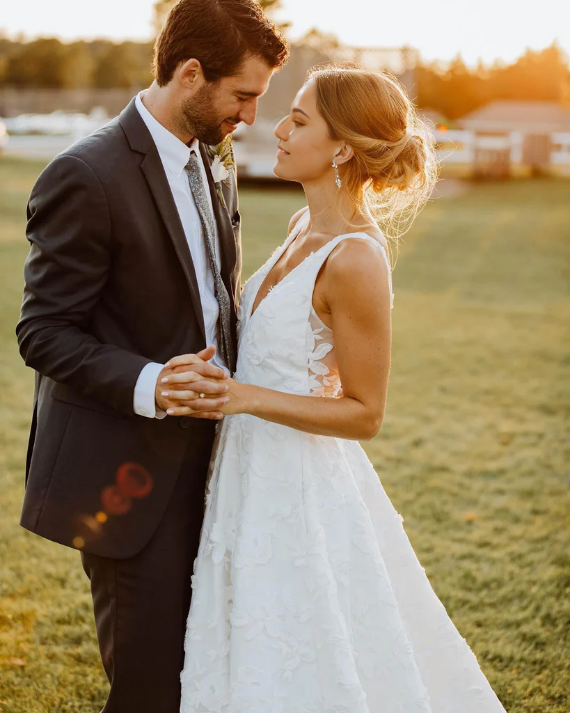 Wholesa A Line Illustion V Neckline Floral Lace Back Court Train Wedding Dress