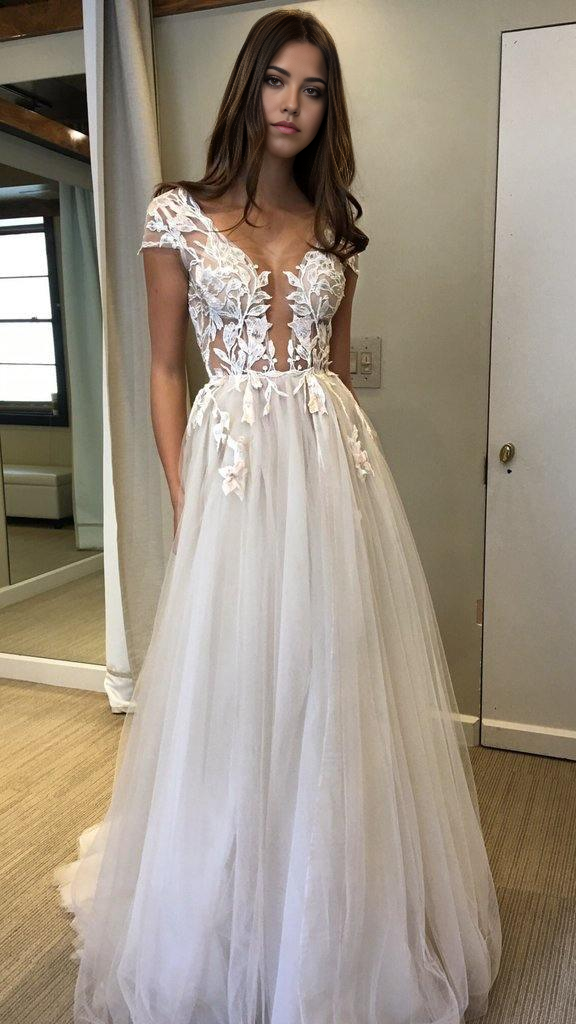 Wholesa A-line Cap Sleeve Deep V-neck Appliques Sexy Split Wedding Dresses