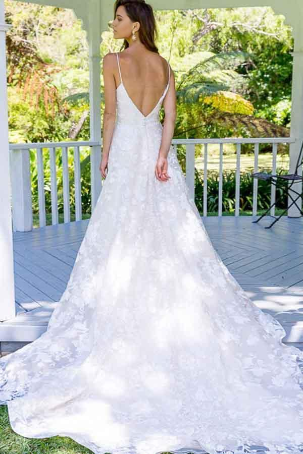 Wholesa A-Line Spaghetti Straps Backless Long Lace Wedding Dress