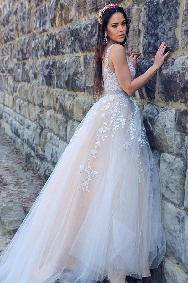 Wholesa A-Line V-neck Princess Applique Tulle Sleeveless Sweep Train Wedding Dresses