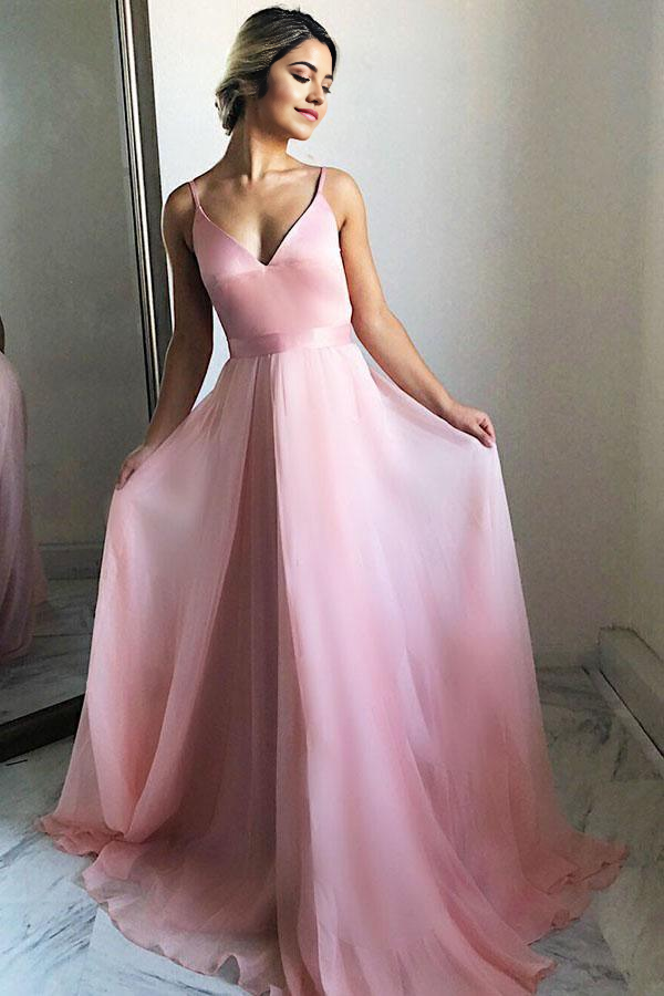 Wholesa A-Line V-Neck Sweep Train Pink Chiffon Prom Party Dress