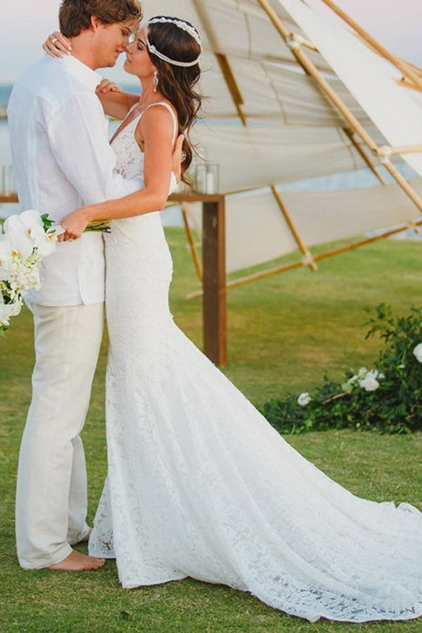 Wholesa Beach Mermaid Lace V-neck Court Train Wedding Dress