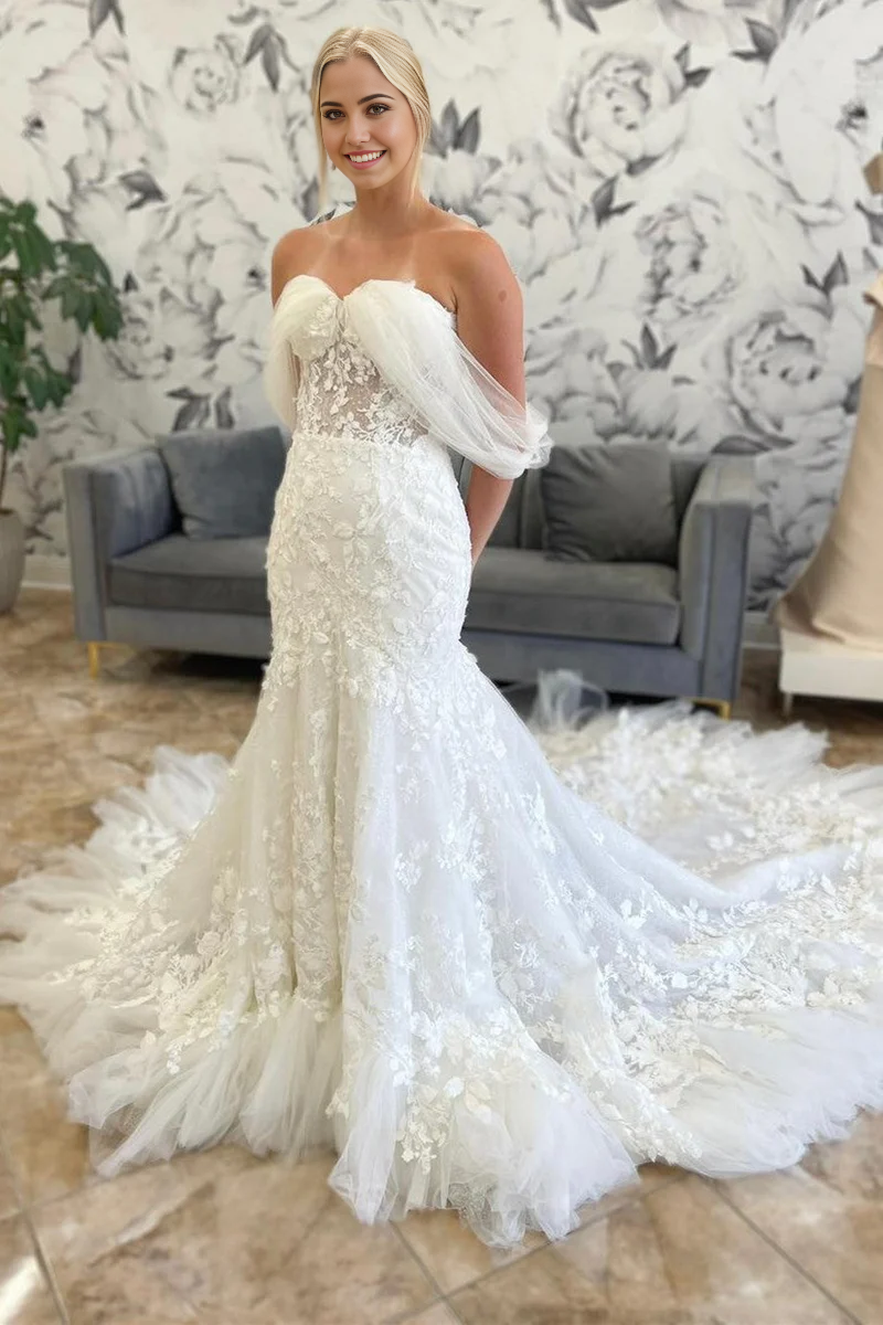 Wholesa Mermaid Off-the-Shoulder Tulle Appliques Long Wedding Dress