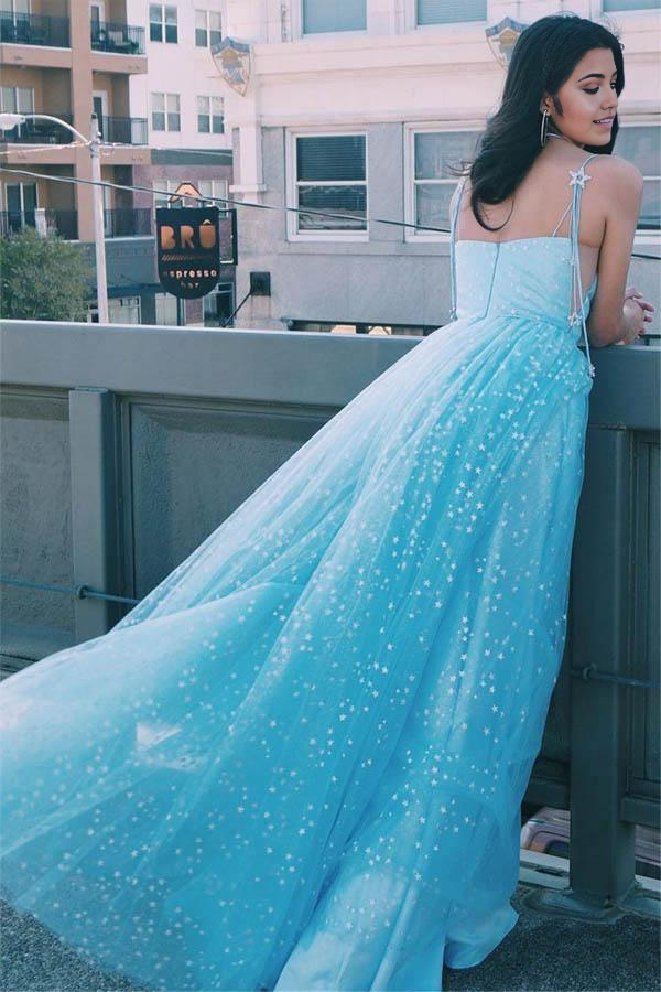 Wholesa A-Line Elegant Straps Light Blue Long Prom Dress with Stars