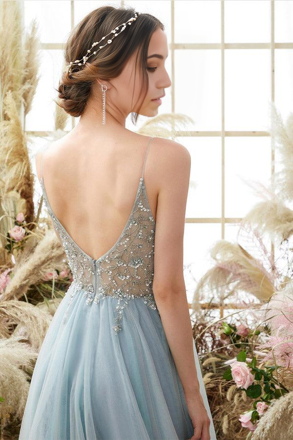 Wholesa A-line Light Blue Tulle Prom Dresses Beading Evening Dresses