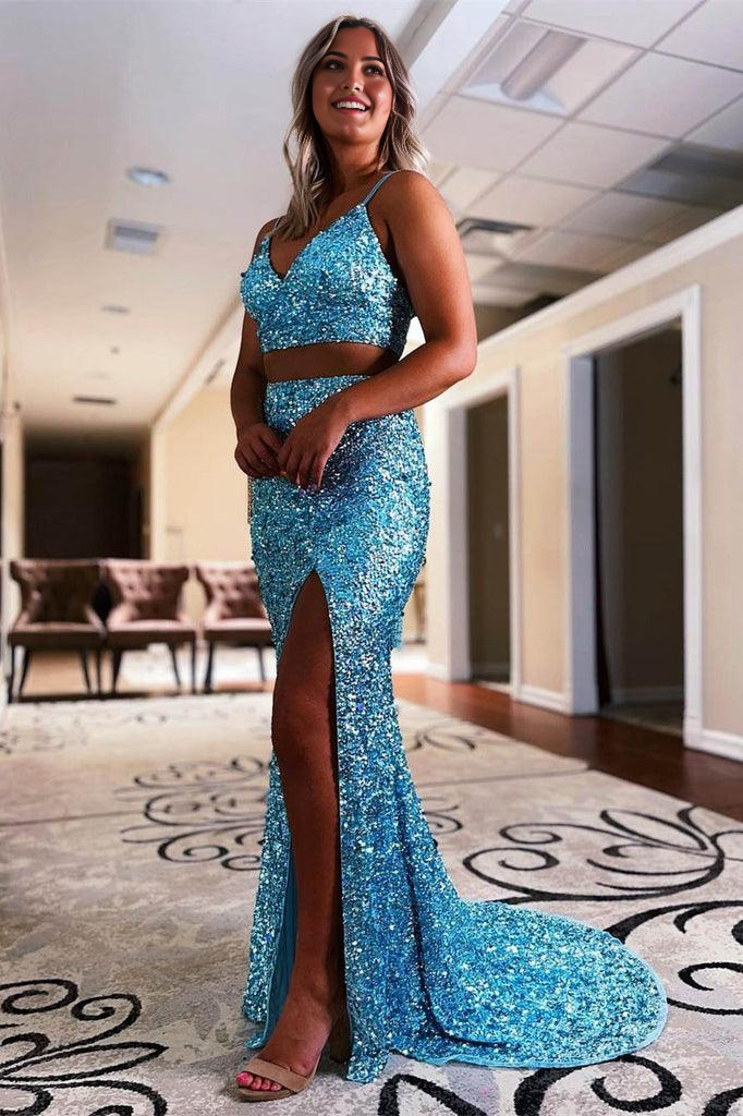 Wholesa Mermaid Two Piece Orange Sequins Long Prom Formal Dress