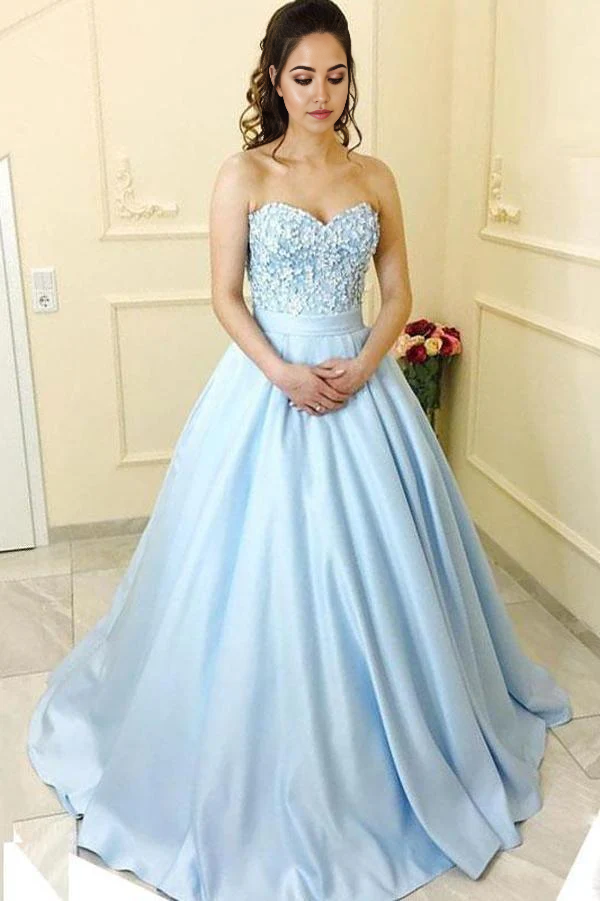 Wholesa A-line Princess Sweetheart Neck Strapless Blue Satin Long Prom Dresses