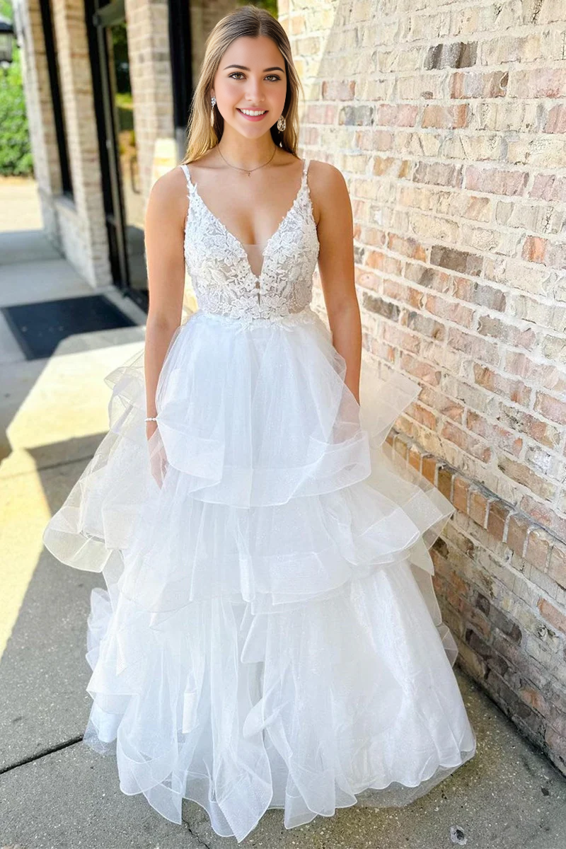 Wholesa A-line Appliques Backless Multi-Layer Long Wedding Dress