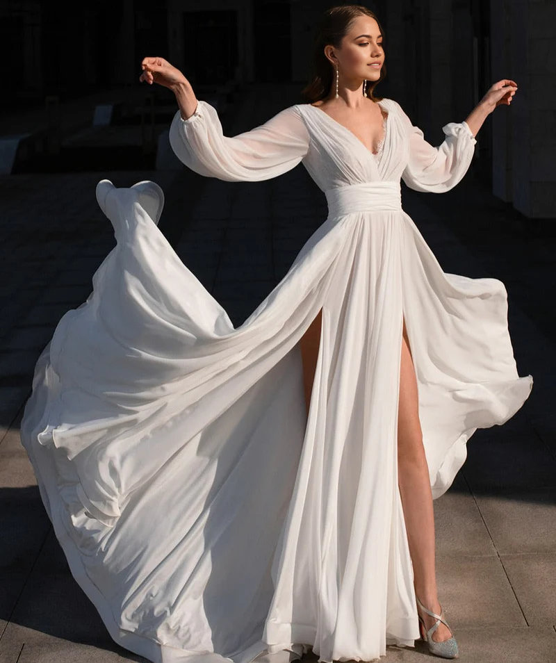 Wholesa A-Line Boho V Neck Long Sleeve Wedding Dress
