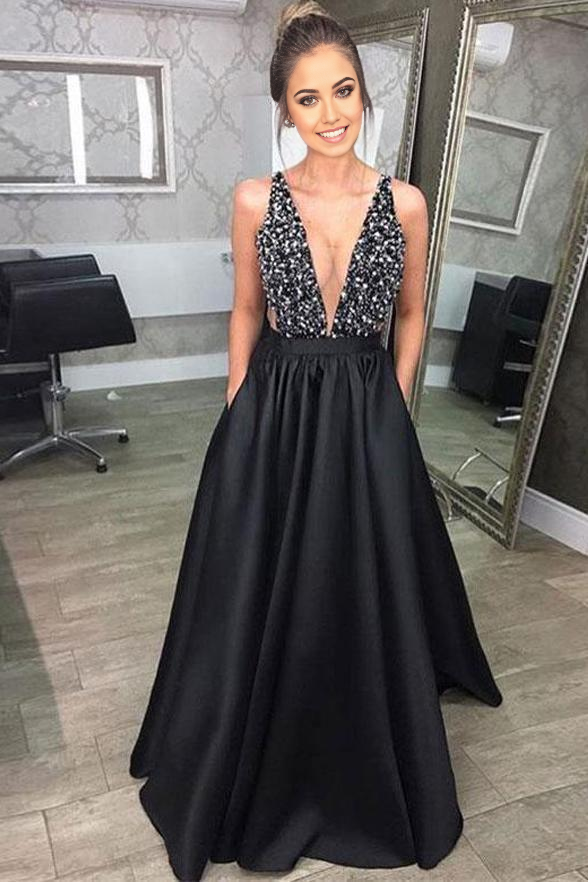 Wholesa A-line Deep V Neck Black Satin Long Prom Dresses with Pockets