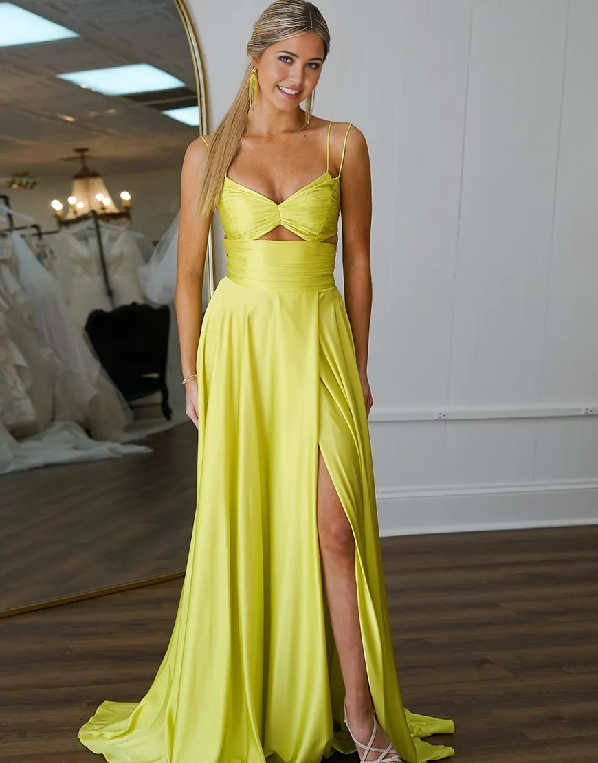 Wholesa A-Line Double Spaghetti Straps Hollow Out Yellow Long formal dresses evening gown Prom Dress with Slit