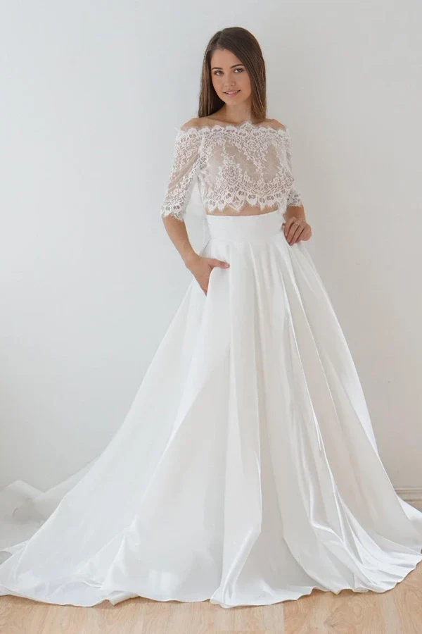 Wholesa Two-Piece A-Line Off-The-Shoulder Lace Satin Wedding Dress With Sweep Train