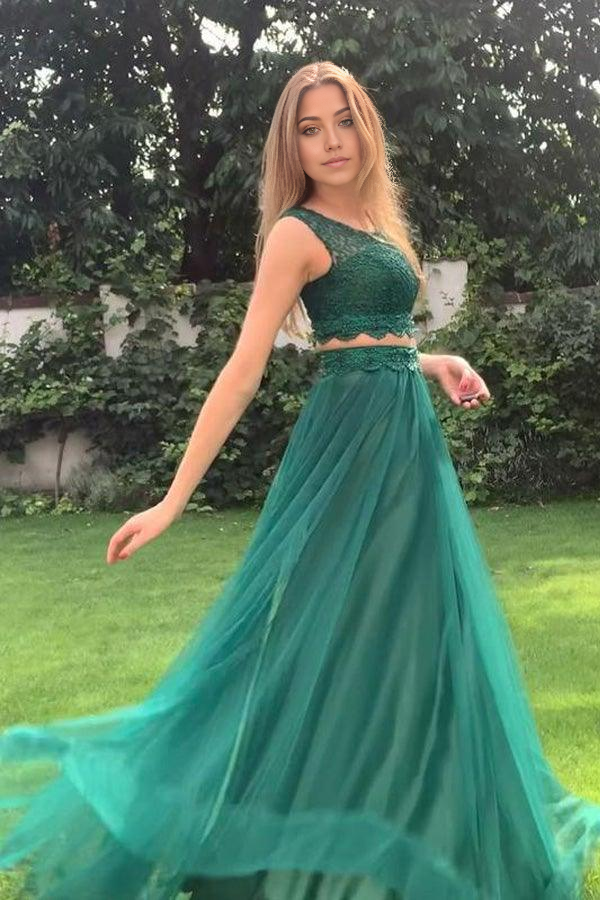 Wholesa Two Pieces Tulle Scoop Neckline Evening Gown Prom Dresses With Appliqued