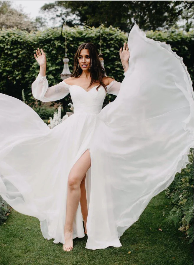 Wholesa A-Line Off-The-Shoulder Chiffon Long Sleeves Wedding Dresses With Slit