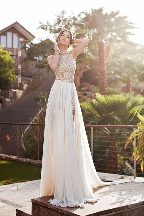 Wholesa A-line Sleeveless Backless Chiffon High Neck formal dresses Prom Dresses Evening Dresses Wedding Dresses