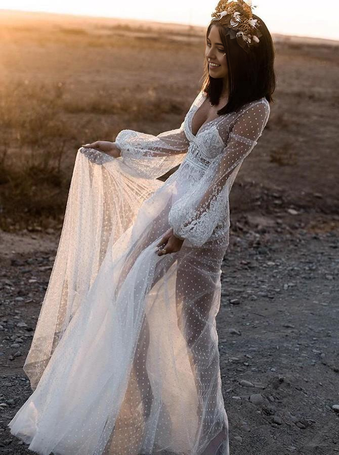 Wholesa Beach A-Line V-Neck Long Sleeves Wedding Dress with Appliques