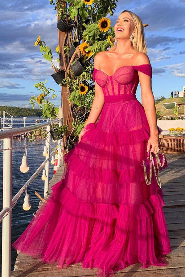 Wholesa Sweetheart Multi Layers Hot Pink Tulle Prom Dresses Formal Dresses