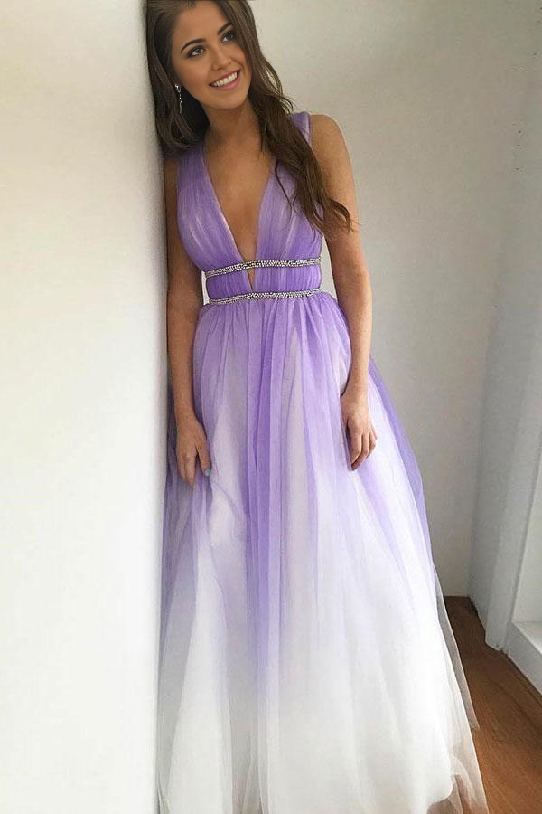 Wholesa A-Line Deep V-Neck Floor-Length Tulle Backless Purple Prom Dress with Beading