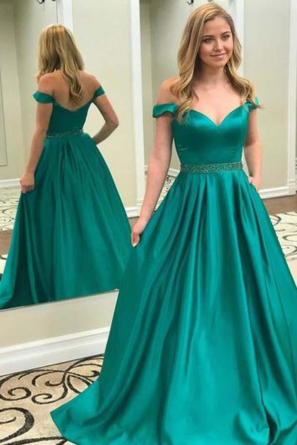 Wholesa A-line Off Shoulder Emerald Green Long Evening Prom Dresses