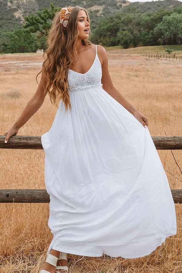 Wholesa Beach A-Line Scoop Backless Floor Length Wedding Dress with Lace