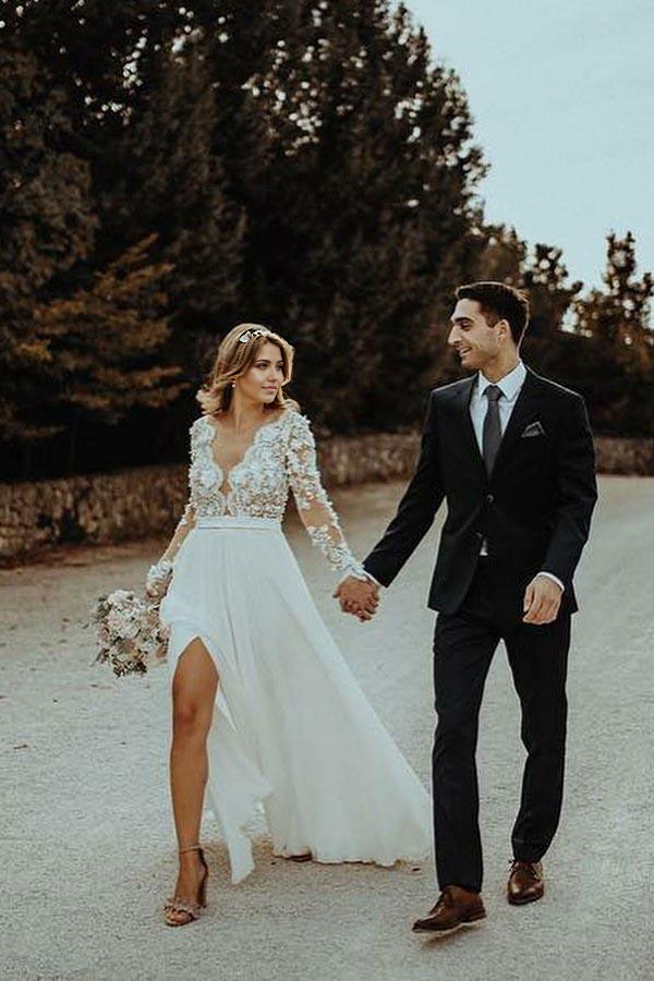 Wholesa A-Line V-Neck Floor Length Chiffon Wedding Dress with Appliques Flowers