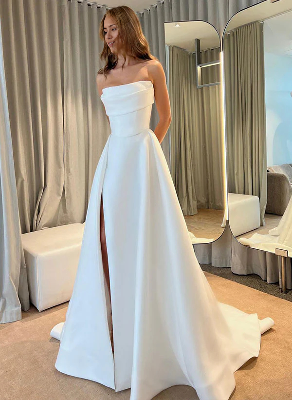 Wholesa A-line Strapless Satin Ball Gown Wedding Dresses with Slit
