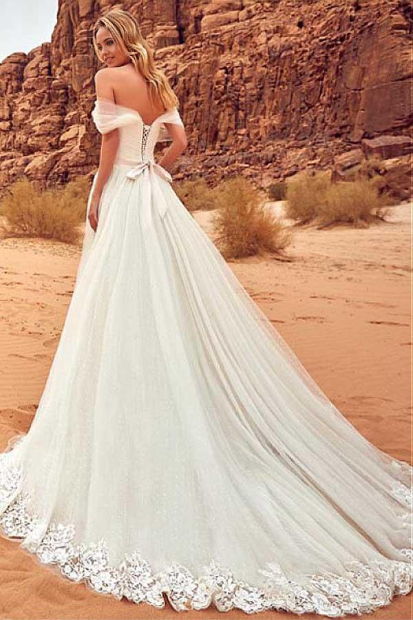 Wholesa A-line Tulle Off-the-shoulder Lace Neckline Wedding Dress With Appliques