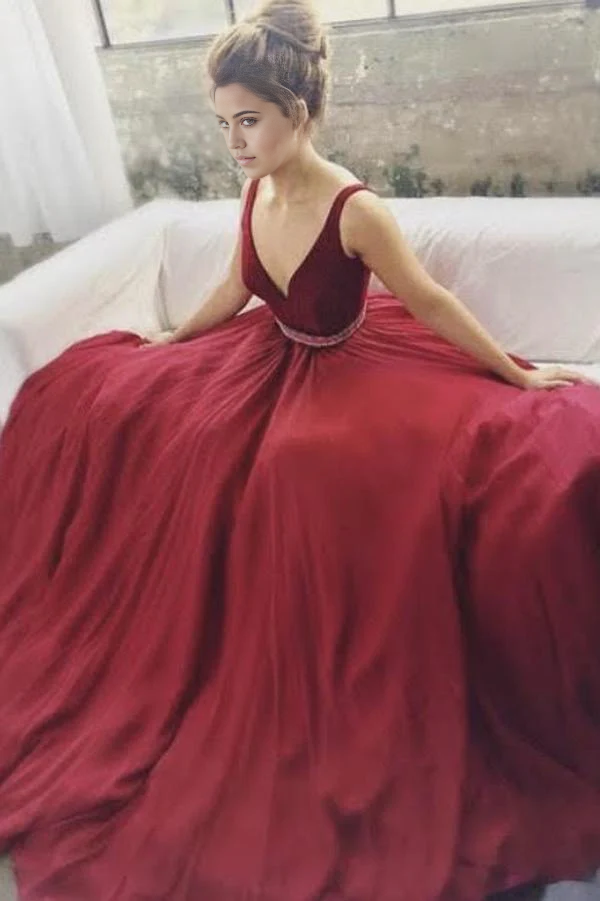 Wholesa A-line V-neck Beaded Long Prom Dresses Formal Dresses