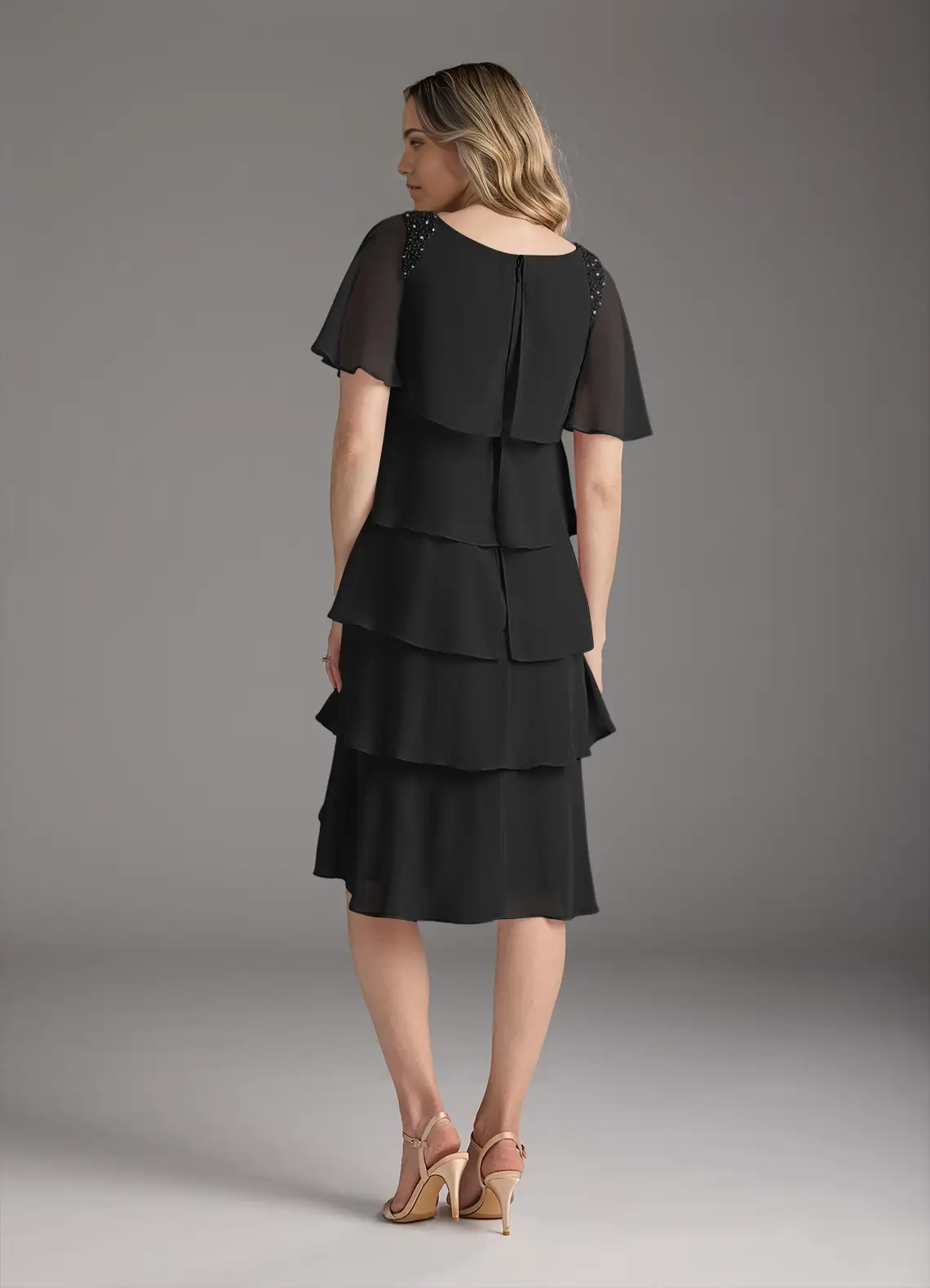 Wholesa A-Line Scoop Beaded Chiffon Black Tea Length formal dresses evening dress Mother of the Bride Dresses