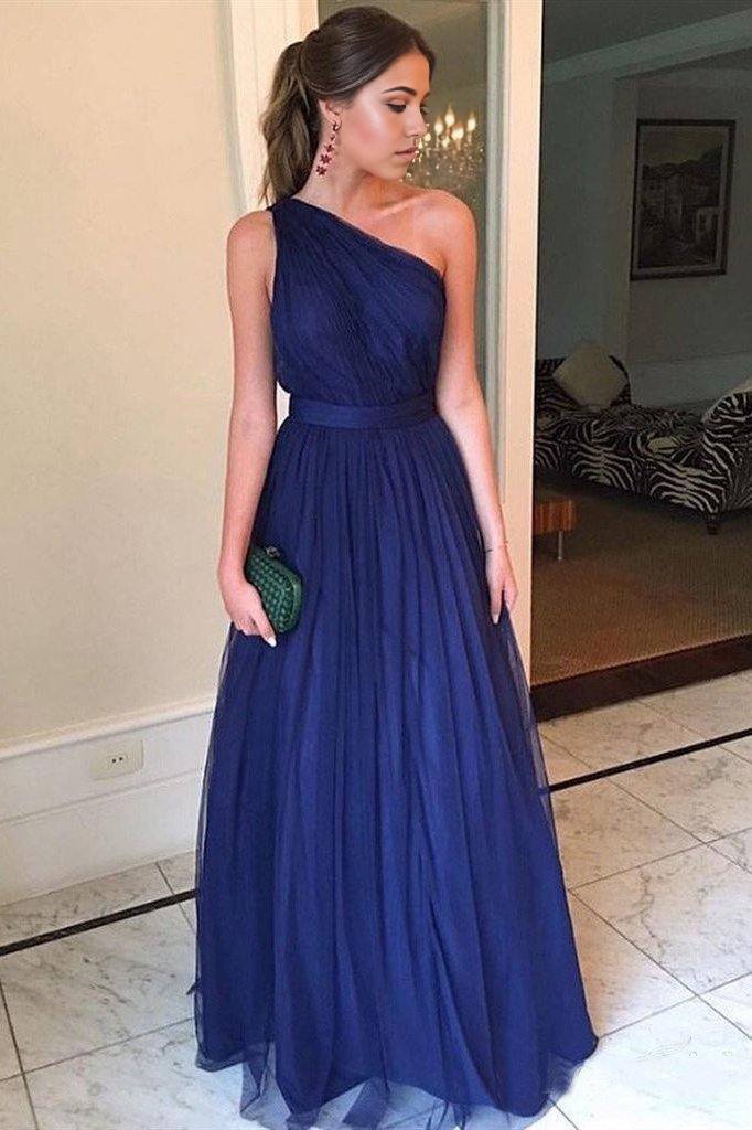 Wholesa Simple One Shoulder Royal Blue Tulle Long Prom Dress Evening Dress