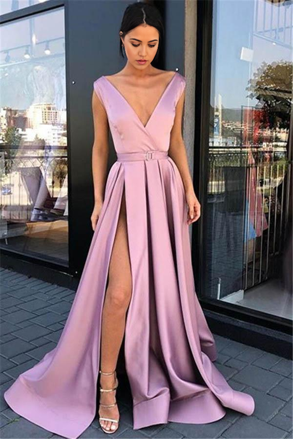 Wholesa A-Line Deep-V-Neck Prom Dresses Pink Split Evening Gown
