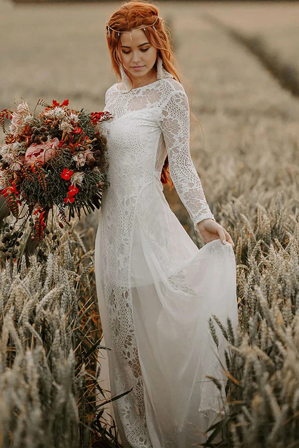 Wholesa A-line Beach Scoop Neck Backless Long Sleeves Wedding Dresses