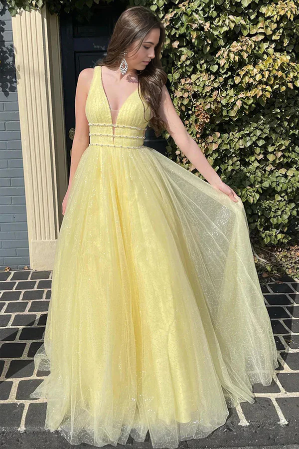 Wholesa A-Line Beaded Glitter Long Tulle Formal Prom Dress