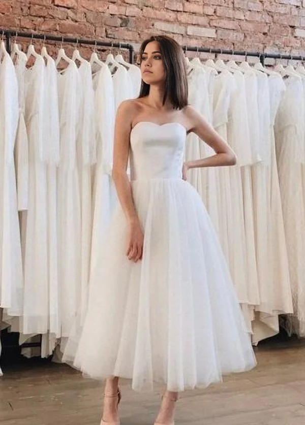 Wholesa A-Line Backless Strapless Tea-Length Tulle Skirt Short Bridal Gown Wedding Dresses